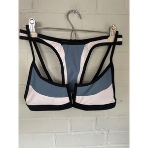 Colorblock Front Zip Bikini Set Blue White Black Sporty Cutout Swimsuit Medium